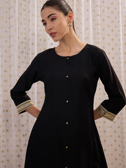 Indo Era Black Embroidered A-Line Kurtas