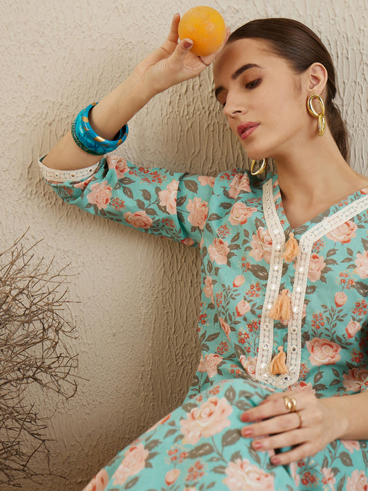Indo Era Blue Printed Straight Kurta Trousers With Dupatta set