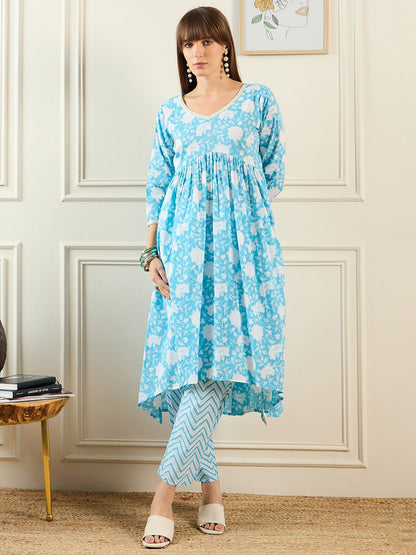 Indo Era Blue Printed A-Line Kurta Trousers With Dupatta set