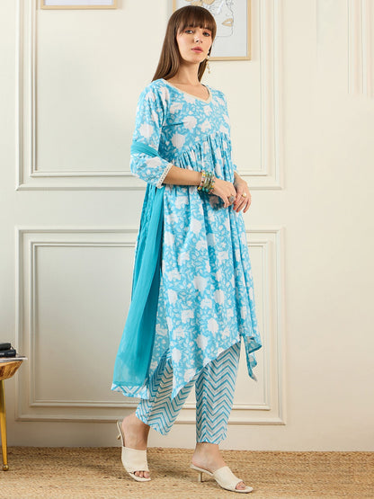 Indo Era Blue Printed A-Line Kurta Trousers With Dupatta set