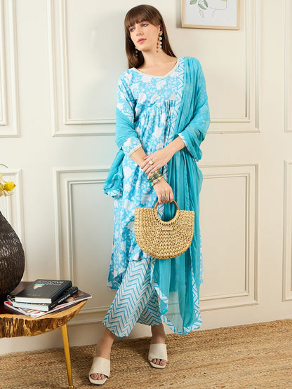 Indo Era Blue Printed A-Line Kurta Trousers With Dupatta set