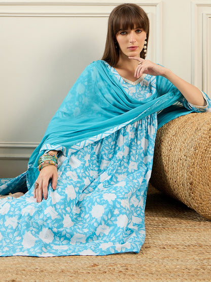 Indo Era Blue Printed A-Line Kurta Trousers With Dupatta set