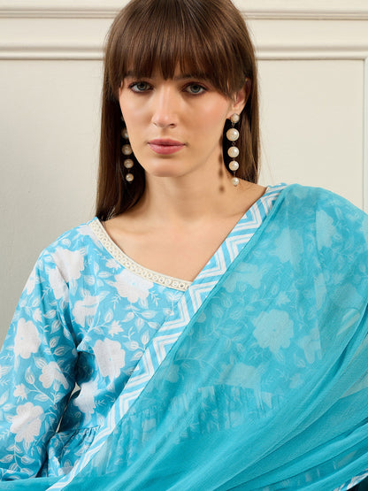 Indo Era Blue Printed A-Line Kurta Trousers With Dupatta set