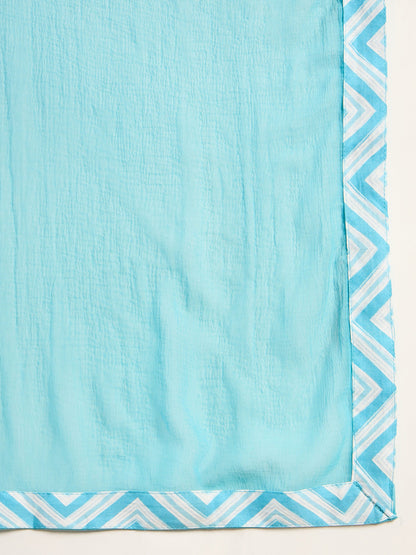 Indo Era Blue Printed A-Line Kurta Trousers With Dupatta set