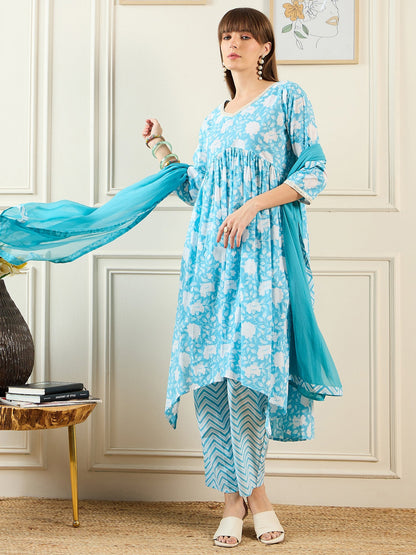 Indo Era Blue Printed A-Line Kurta Trousers With Dupatta set