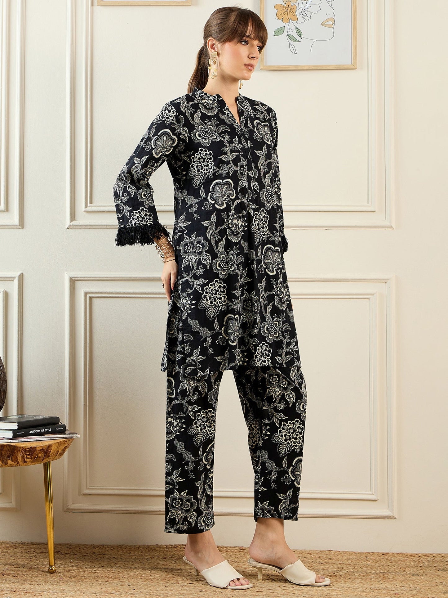 Indo Era Black Printed Smart Casual Co-Ords Set