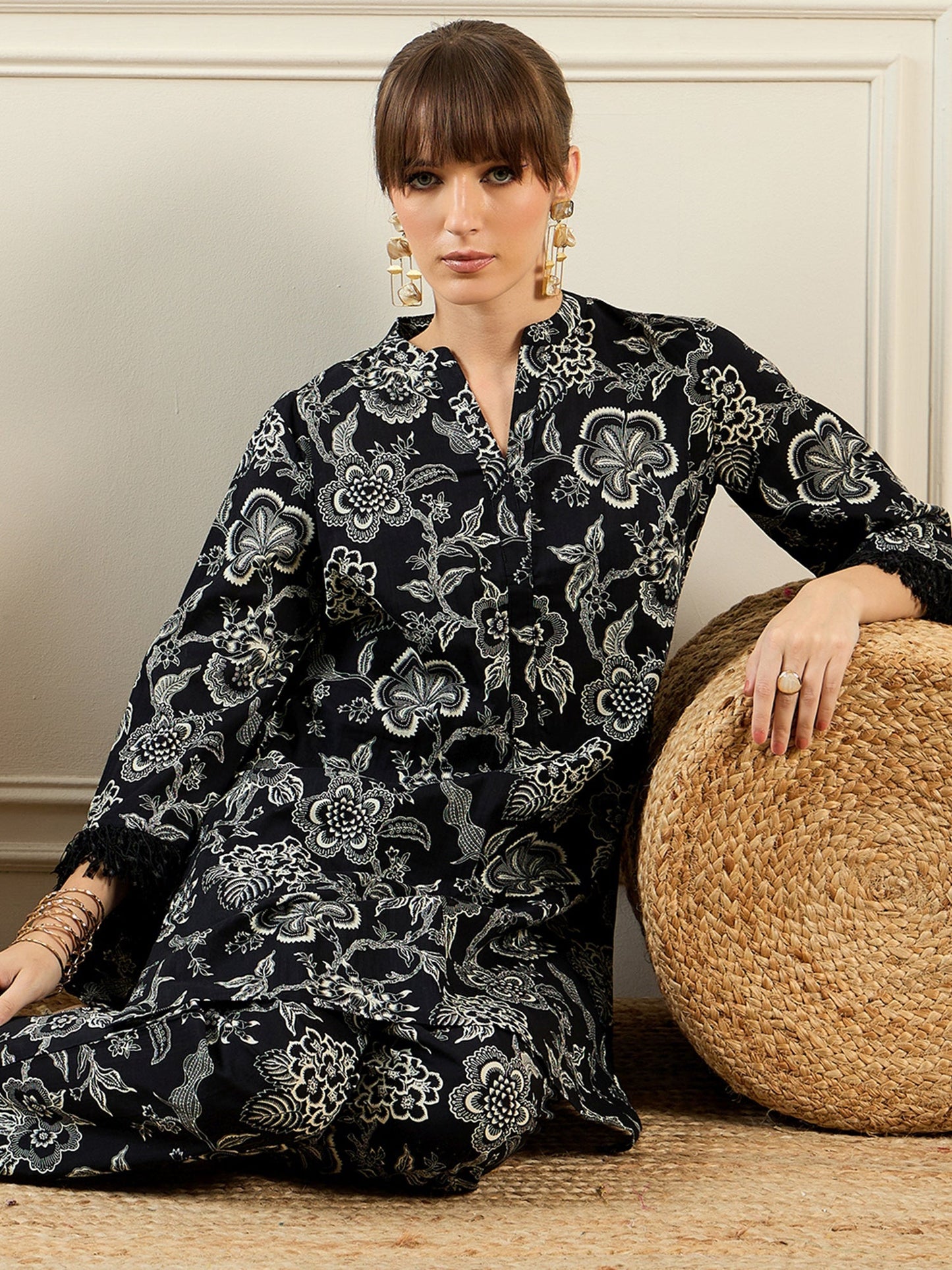 Indo Era Black Printed Smart Casual Co-Ords Set