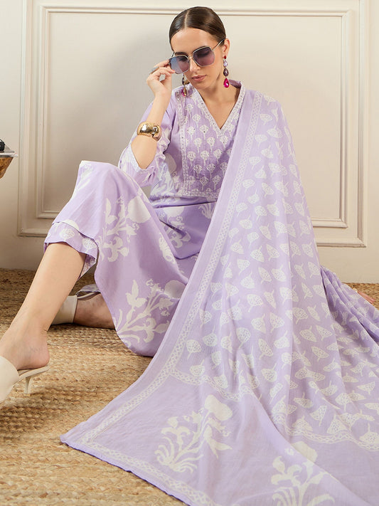 Indo Era Lavender Printed Straight Kurta Trousers With Dupatta set