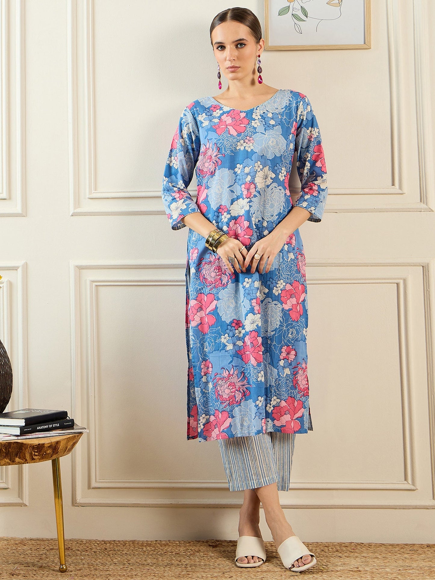 Indo Era Blue Printed Straight Kurta Trousers With Dupatta set