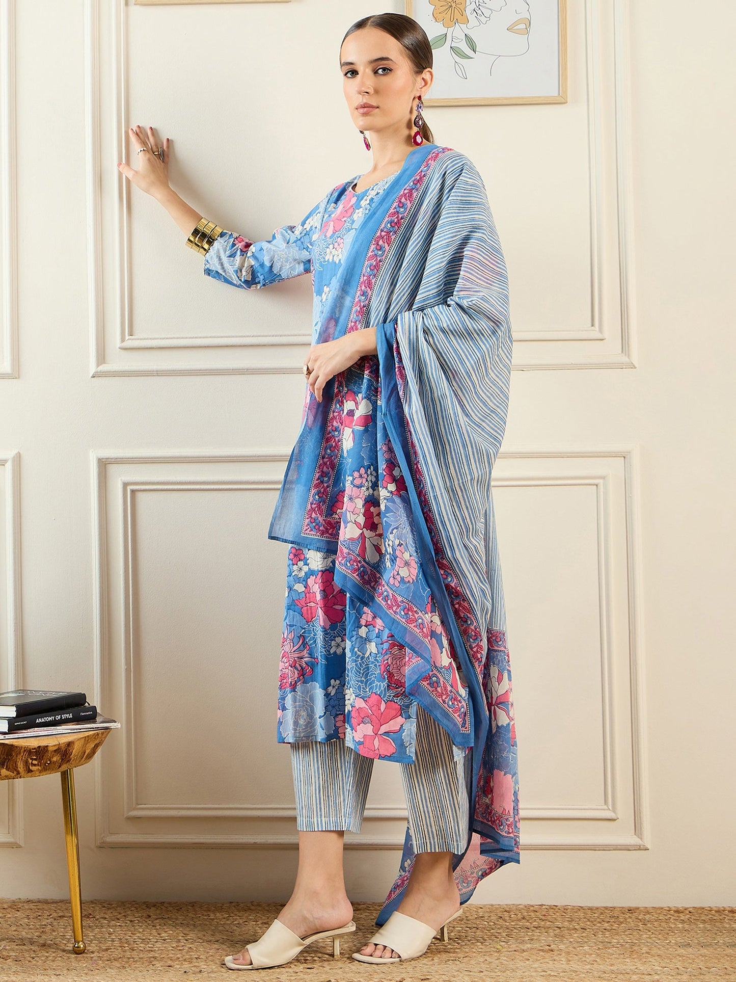 Indo Era Blue Printed Straight Kurta Trousers With Dupatta set