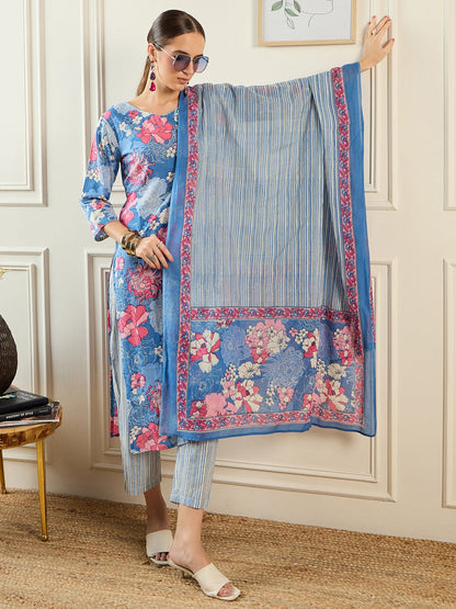 Indo Era Blue Printed Straight Kurta Trousers With Dupatta set