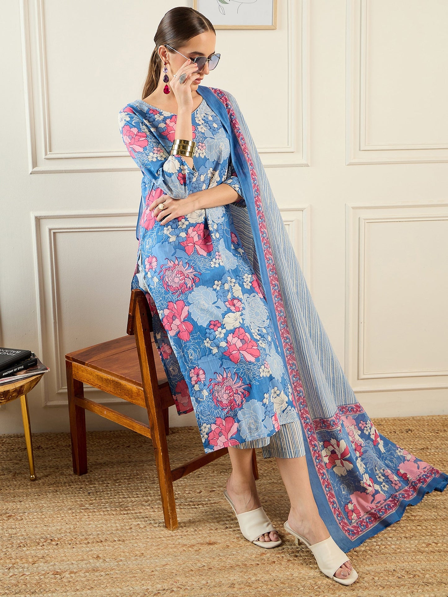 Indo Era Blue Printed Straight Kurta Trousers With Dupatta set