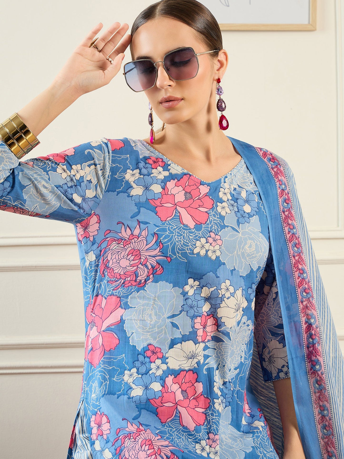 Indo Era Blue Printed Straight Kurta Trousers With Dupatta set