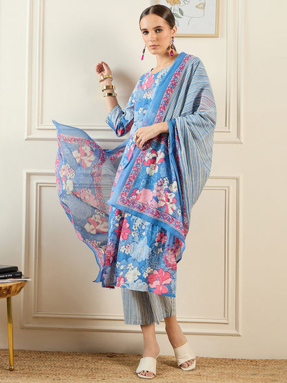 Indo Era Blue Printed Straight Kurta Trousers With Dupatta set