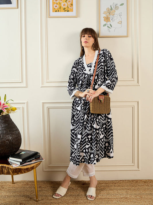 Indo Era Black Printed A-Line Kurtas