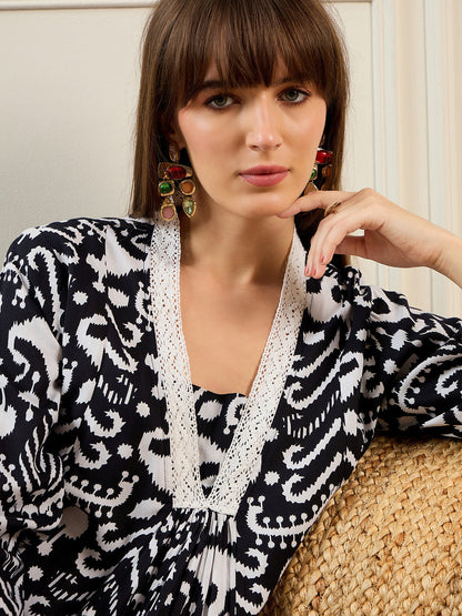 Indo Era Black Printed A-Line Kurtas