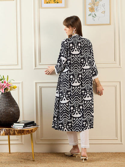 Indo Era Black Printed A-Line Kurtas