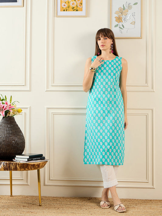 Indo era Blue Printed Straight Kurtas