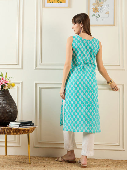 Indo era Blue Printed Straight Kurtas