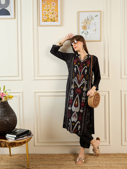 Indo Era Black Printed Straight Kurtas