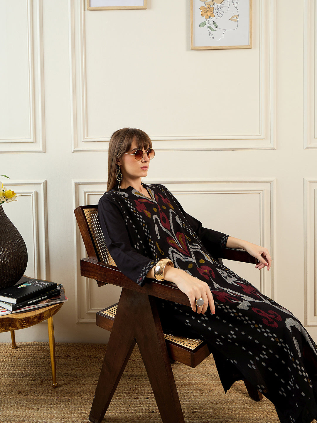 Indo Era Black Printed Straight Kurtas