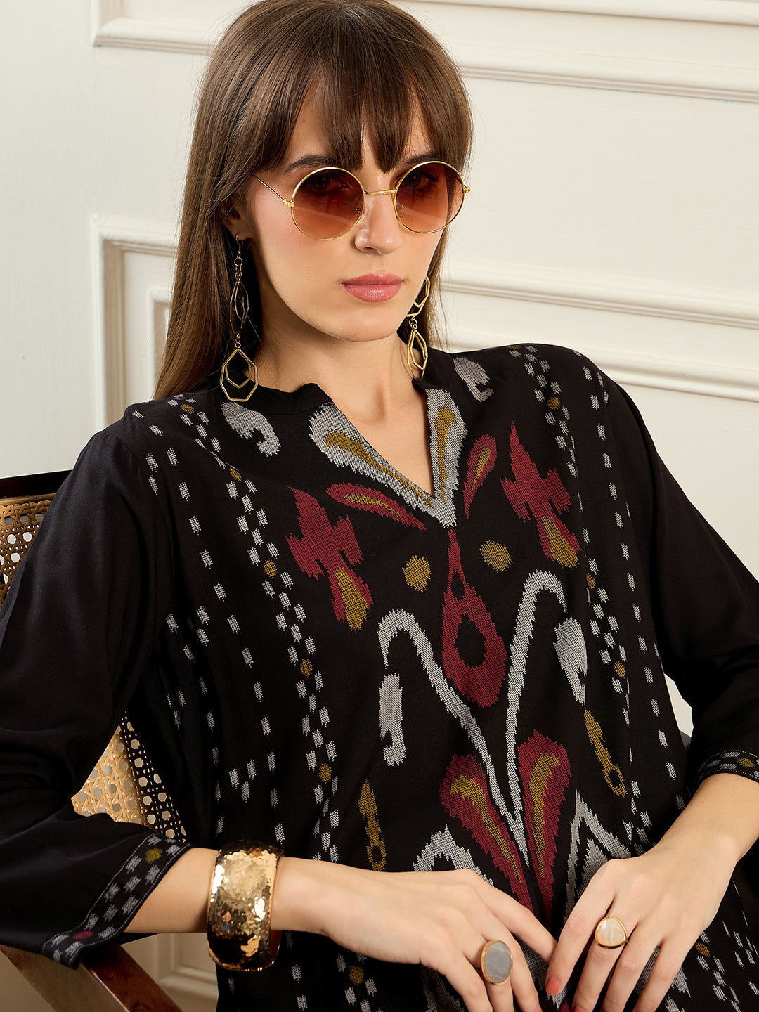 Indo Era Black Printed Straight Kurtas