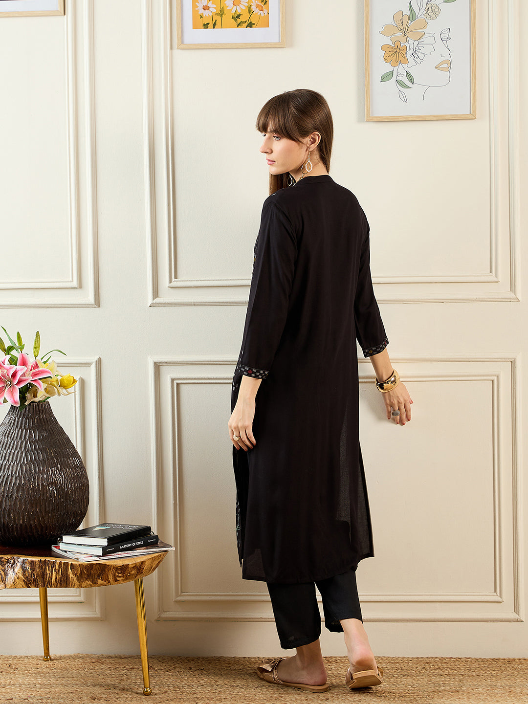 Indo Era Black Printed Straight Kurtas