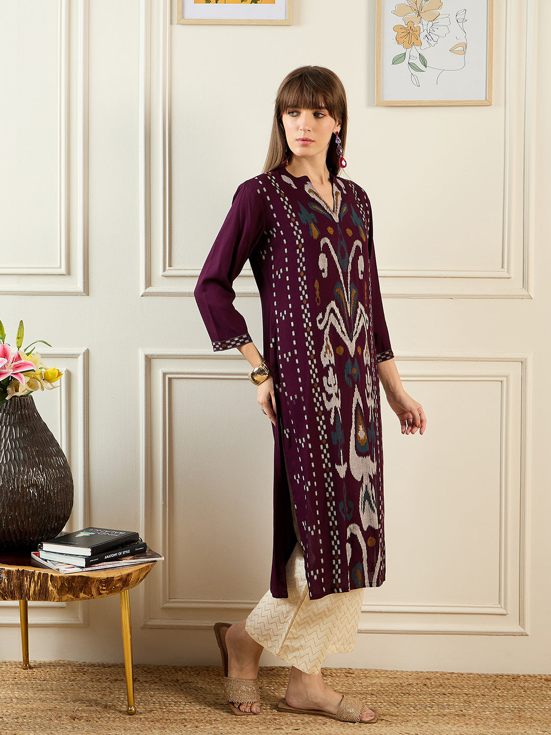 Indo Era Burgundy Printed Straight Kurtas