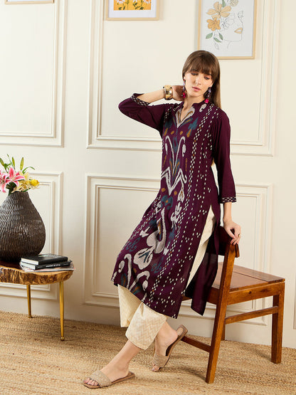 Indo Era Burgundy Printed Straight Kurtas
