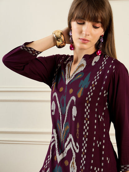 Indo Era Burgundy Printed Straight Kurtas