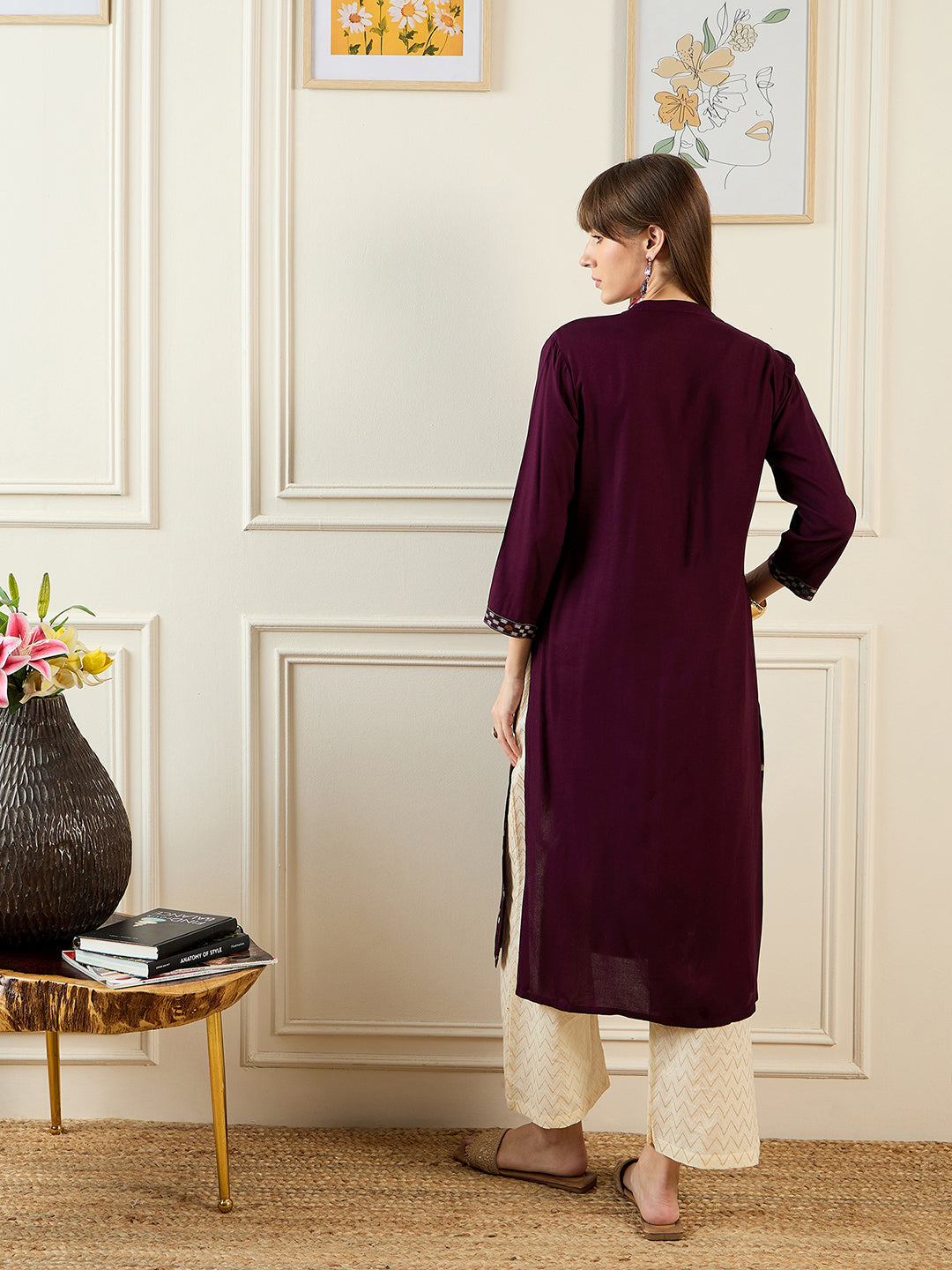 Indo Era Burgundy Printed Straight Kurtas