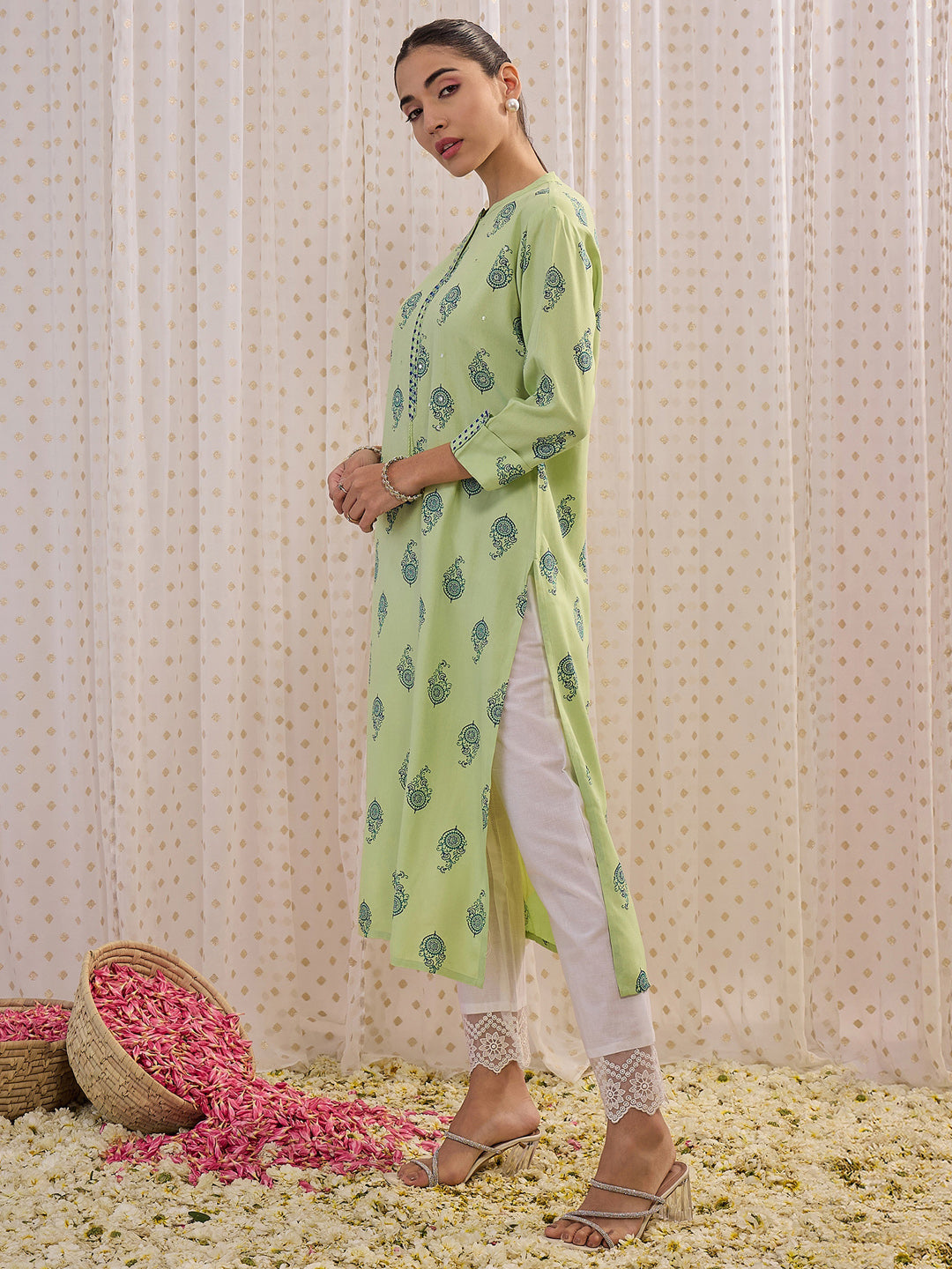Indo Era Green Printed Straight Kurtas