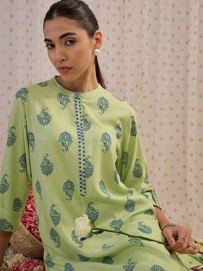 Indo Era Green Printed Straight Kurtas