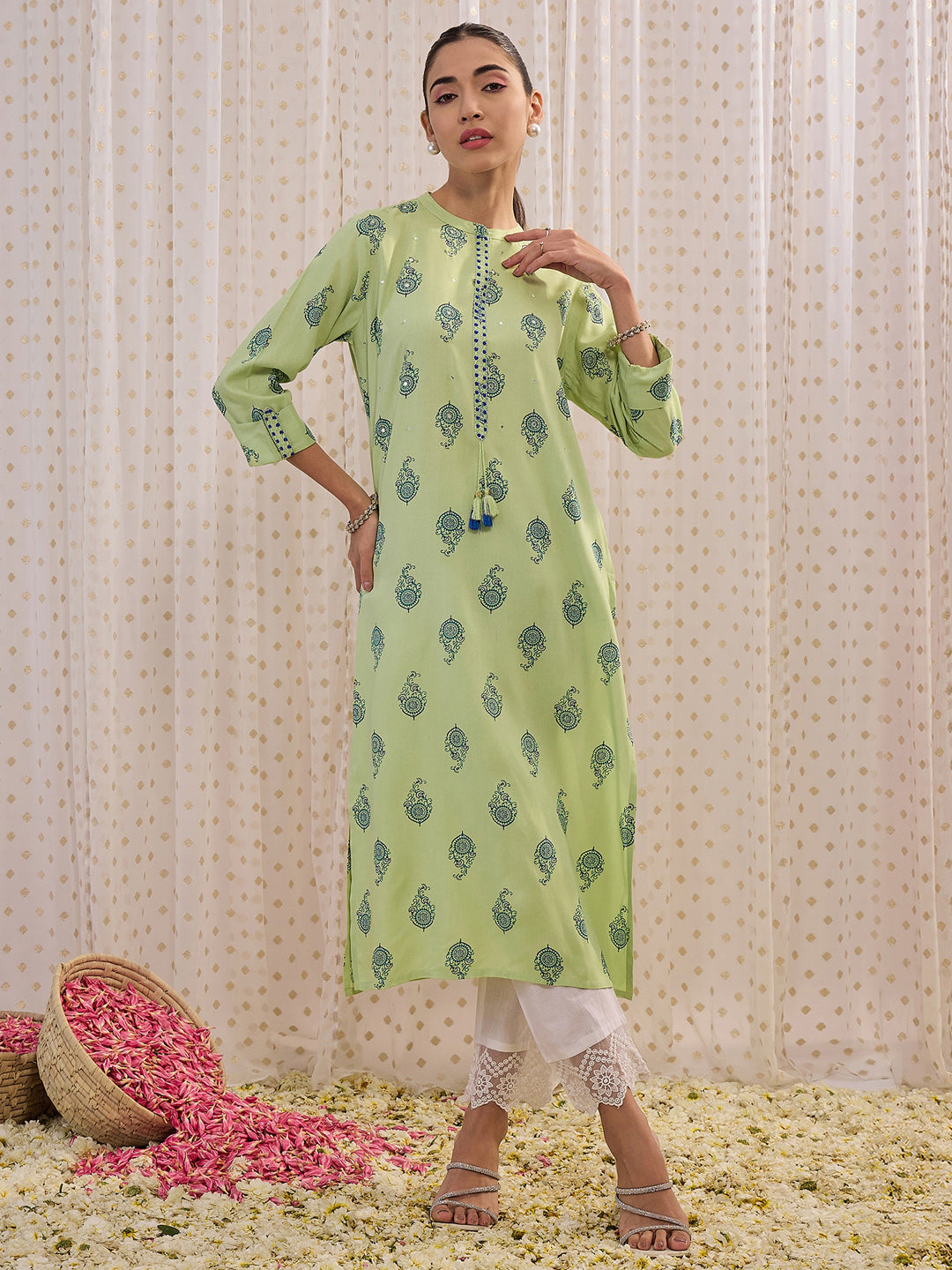 Indo Era Green Printed Straight Kurtas