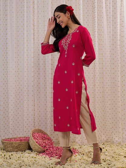 Indo Era Magenta Embroidered Straight Kurtas