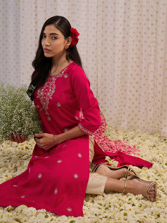 Indo Era Magenta Embroidered Straight Kurtas