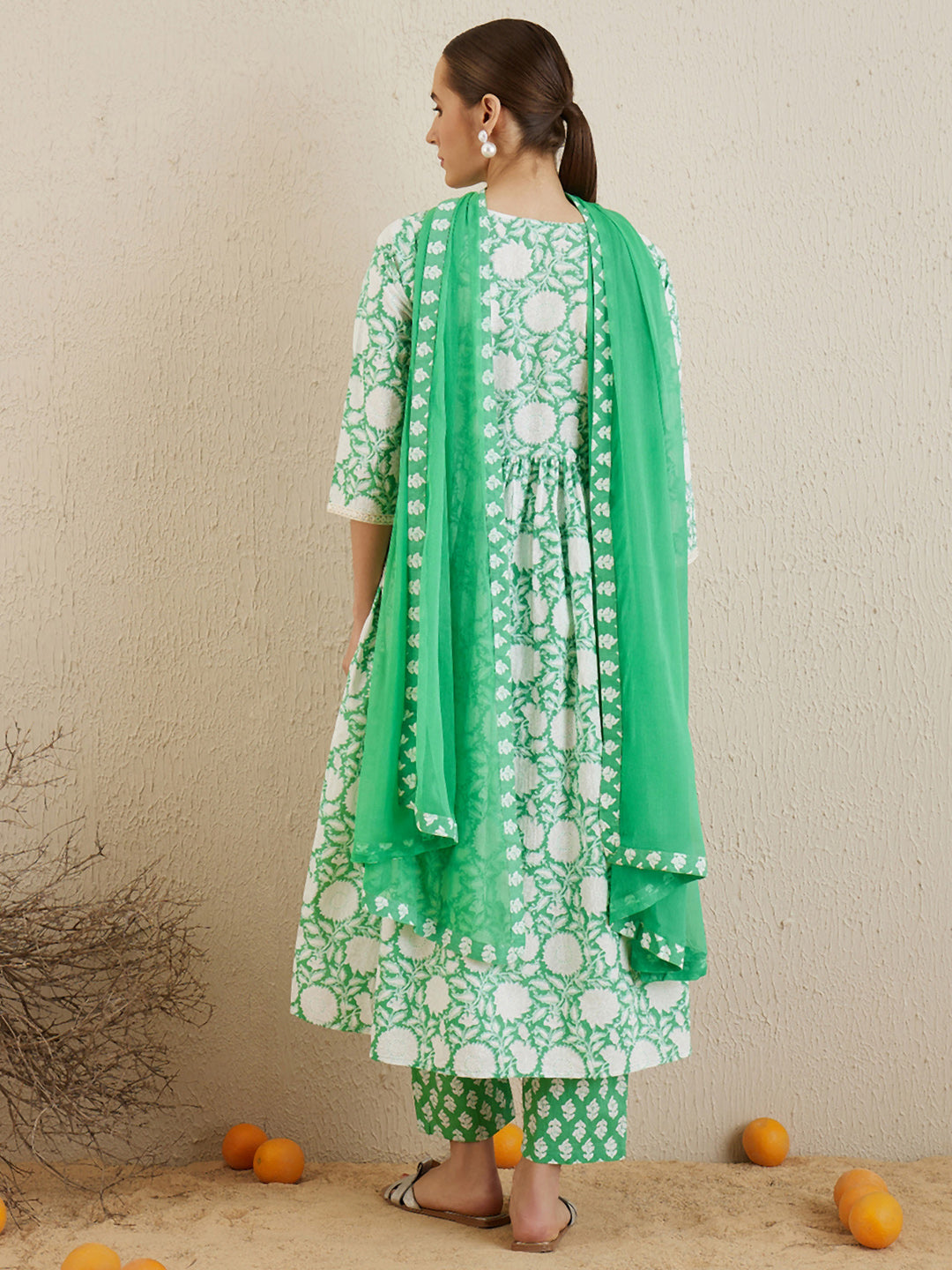 Indo Era Green Printed A-Line Kurta Trousers With Dupatta set