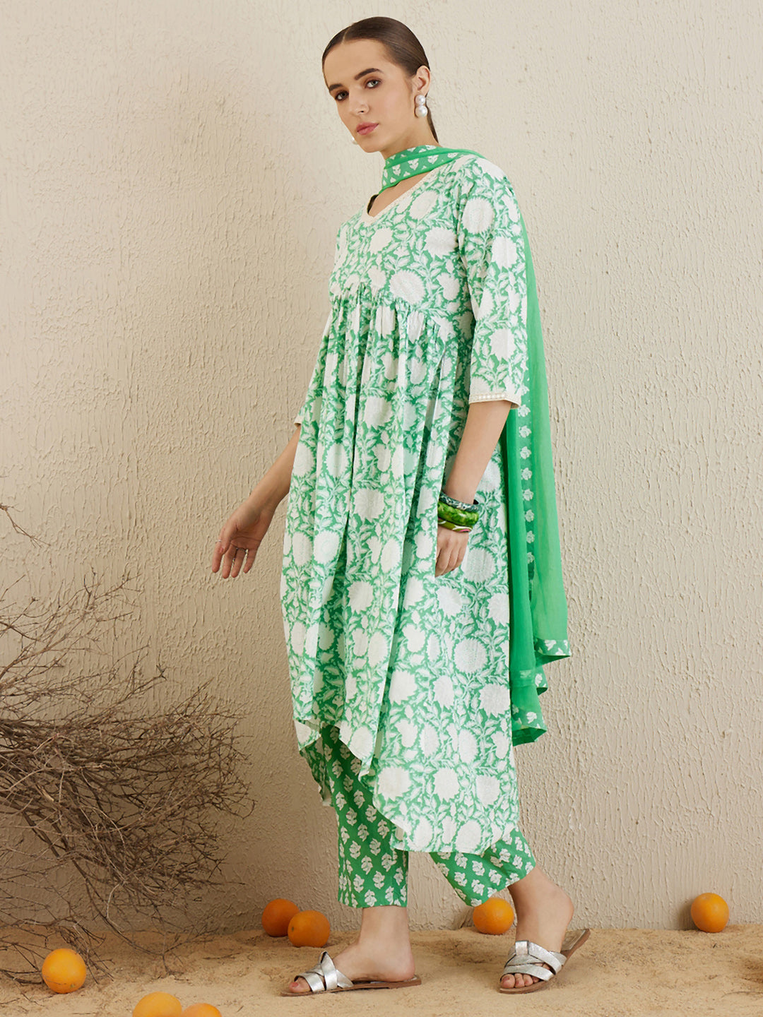 Indo Era Green Printed A-Line Kurta Trousers With Dupatta set