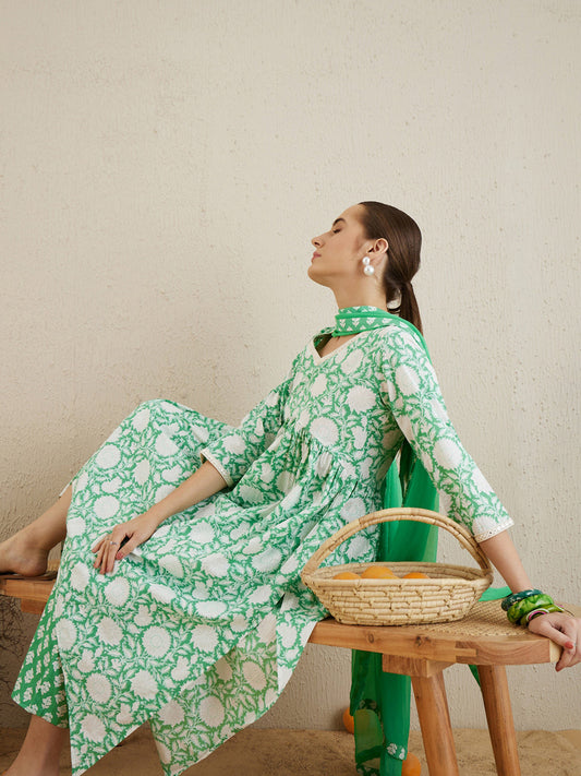 Indo Era Green Printed A-Line Kurta Trousers With Dupatta set