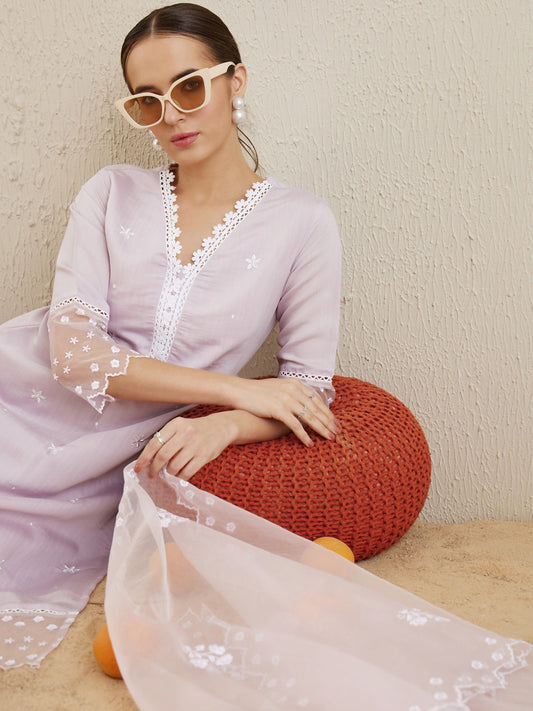 Indo Era Lavender Embroidered Straight Kurta Trousers With Dupatta set