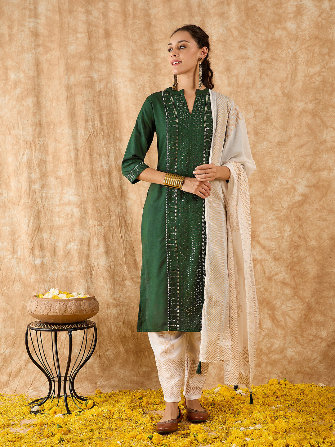 Indo Era Green Embroidered Straight Kurta Trouser With Dupatta Set