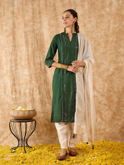 Indo Era Green Embroidered Straight Kurta Trouser With Dupatta Set