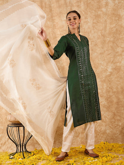 Indo Era Green Embroidered Straight Kurta Trouser With Dupatta Set