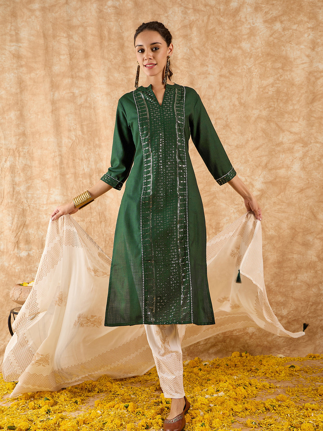 Indo Era Green Embroidered Straight Kurta Trouser With Dupatta Set
