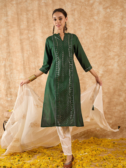Indo Era Green Embroidered Straight Kurta Trouser With Dupatta Set