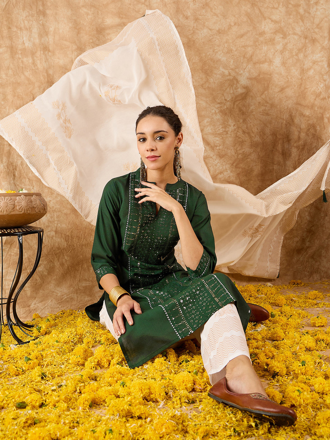 Indo Era Green Embroidered Straight Kurta Trouser With Dupatta Set