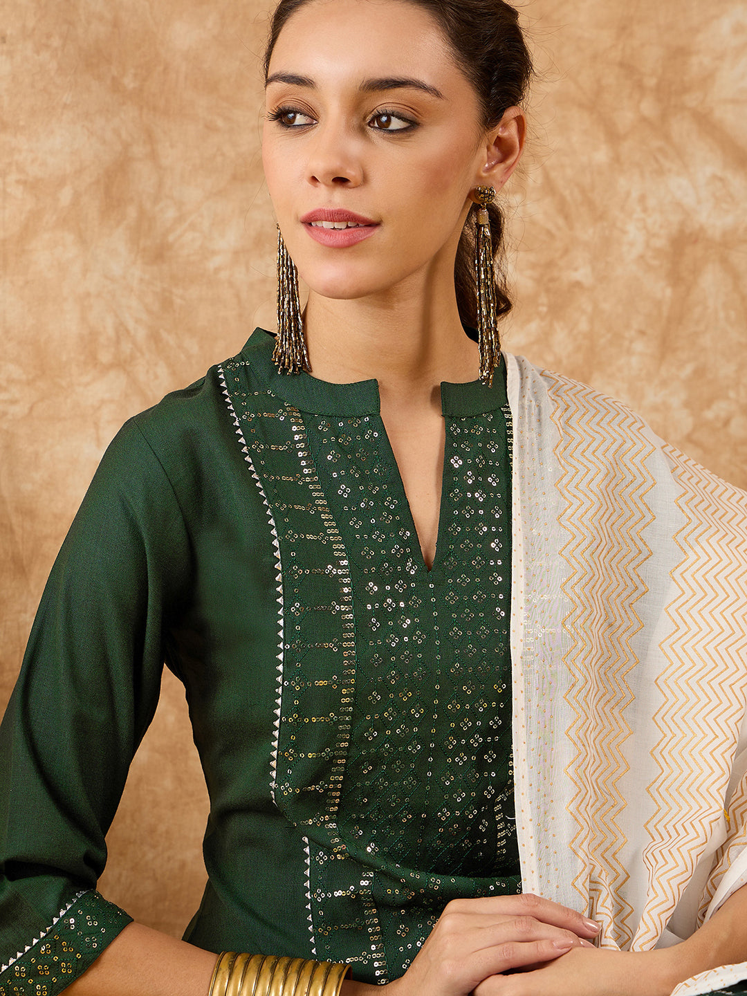 Indo Era Green Embroidered Straight Kurta Trouser With Dupatta Set