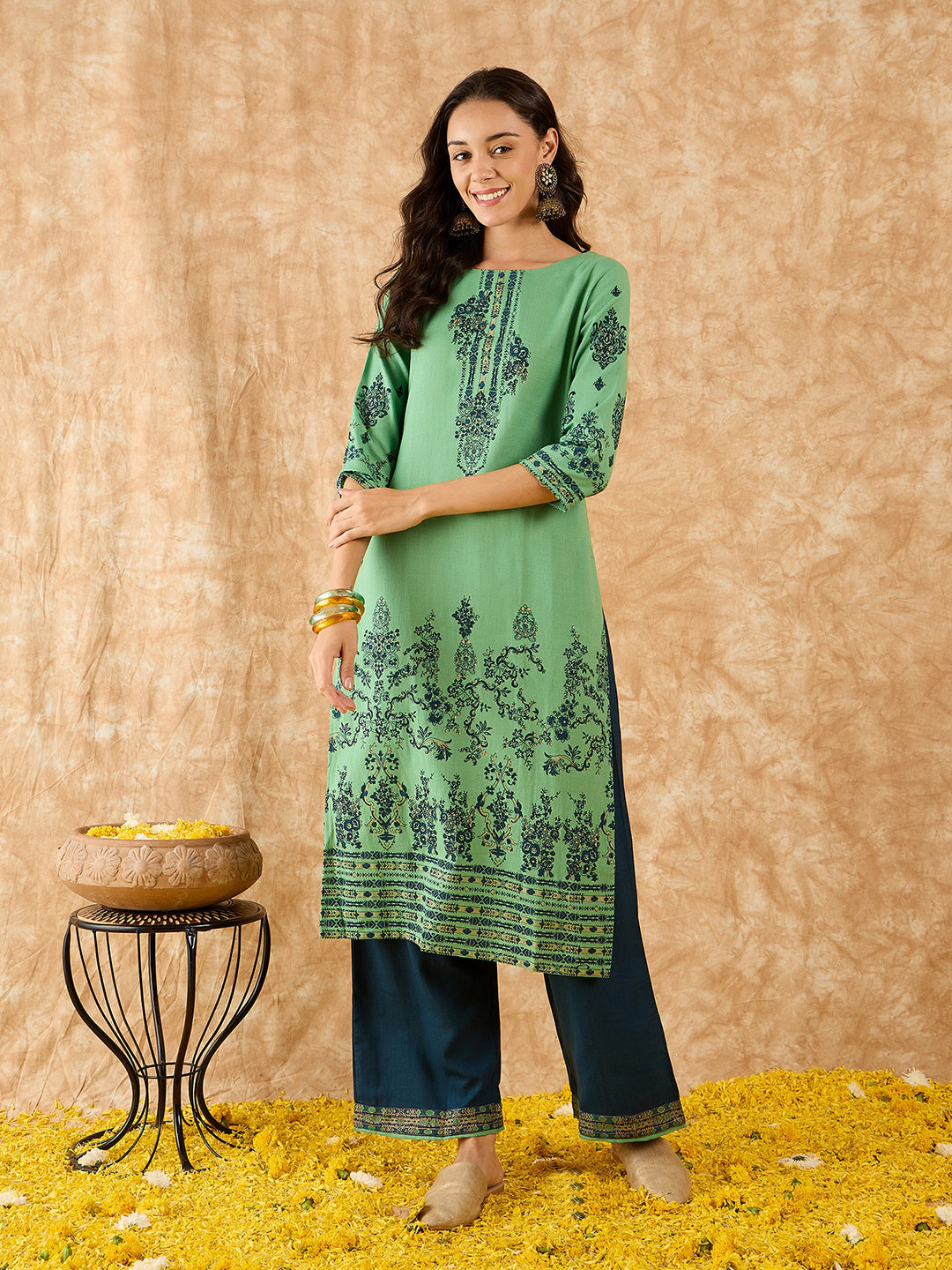 Indo Era Green Foil Printed Straight Kurta With Palazzo Set