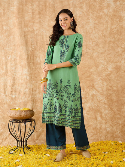 Indo Era Green Foil Printed Straight Kurta With Palazzo Set
