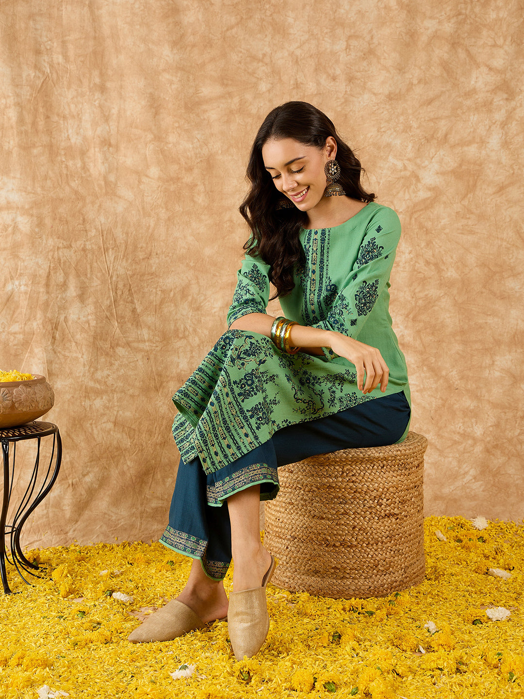 Indo Era Green Foil Printed Straight Kurta With Palazzo Set